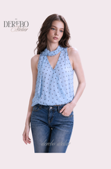 Blue Dot Scarf Sleeveless Blouse
