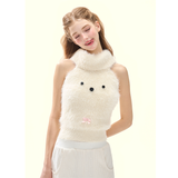 [GirlyFancyClub] Super Cute 3D dog face soft mink fur knit sleeveless high neck cold shoulder tank top