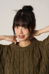 ケーブルウォッシング半袖ニット- Khaki