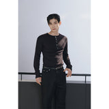 Leather ribbed henry neck long sleeves(Black)
