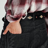 crystal stud & wax thread leather belt black