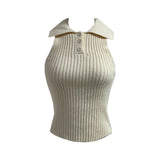 Halter collar sleeveless & long sleeve cropped knit two-piece set (2 colors)