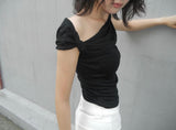 ドレープドツイストリボンTシャツ  (BLACK)
