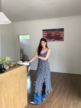 Slit shirring flower long sleeveless dress
