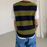 Stripe round neck knit vest 2C