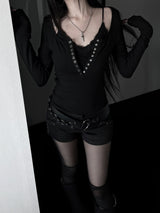 rock chic black button long sleeve T