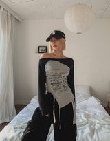 バターフルレタリングアンバランスオフショルダー長袖Tシャツ