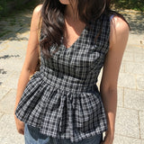 Lower Smoke Banding Hem Frill Check Halter Neck Sleeveless Blouse 2 Colors