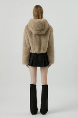 COMELY soft fur crop hoodie jacket [beige]
