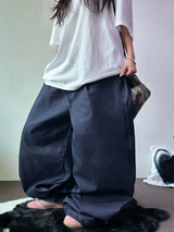 レタリングインディゴローステッチワイドバルーンタトゥープリントデニムロングパンツ 🩵🖤 - 2 カラーズ
