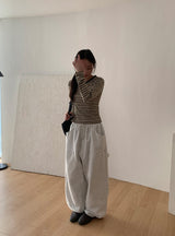 Mibat Stripe Henley Neck Long Sleeve Tee