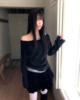 アシンメトリーカラーブロックシアーワンオフショルダー長袖Tシャツ