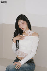 Lace Choker Scarf Unbalanced Long-Sleeved T-Shirt