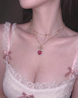 [Anti-Tarnish] Rosepink Heart Princess Layered Necklace - Gold Color (STAYC Seeun Necklace)