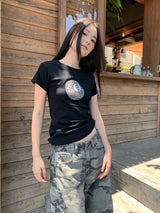 Black Round Leopard Spandex Short-Sleeved T-Shirt