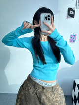 オープンバック セミクロップ 長袖Tシャツ💙🤍🖤 - 3カラー