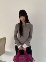 カニットダイアゴナルボタンラウンド長袖Tシャツ