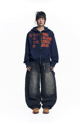 Curved Double Knee Denim Pants - Black