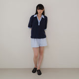 Navy Half Open Collar Tee