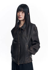 Washed Leather Crop Jacket - Brown