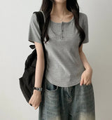 Waddoo hem round button short sleeve tee