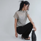 [Setinone] Half Neck Satin Short-Sleeved Blouse - 4 colors