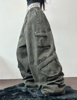 FLEECE/STRING TWO CARGO RIVET WIDE BALLOON LONG PANTS💚🤎🖤🩶4COLOR