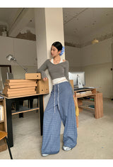 Blue Check Wide Casual Pants