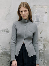 HIGH NECK FRILL KNIT CARDIGAN GRAY
