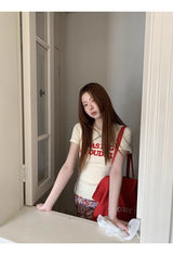 レッドレタリングスパンデックスラウンドネック半袖Tシャツ