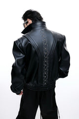 Embroidered Deconstructed Cropped Leather Jacket