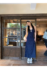 Navy Halterneck Flower Long Dress