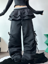 FLEECE PICKABLE❤RIBBON CANCAN BOOTSCUT WIDE 2 STYTLE PANTS🖤🩶🤎💛5COLOR