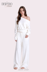 ワッフル アシンメトリカル オフショルダー スウェットパンツ セット (TOP+PANTS SET)