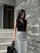 SALE! Gray washed denim back slit H-line long skirt (Gray)