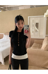 Hollow slit slim ribbed short sleeve tee