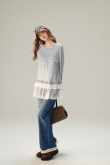 Sweet & Cool Lace Accent Ribbon Point Long T-Shirt