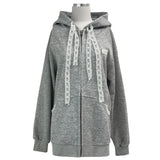 エンジェルレースポイント配色チェックフード長袖ジップアップ (Gray)
