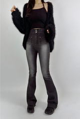 (BODY-SHAPING GUARANTEED🤍🖤) TWO-BUTTON ELASTIC WAIST BLACK WASH BOOTCUT 🤍🖤 SEMI-WIDE DENIM PANTS