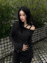 26SS★ [MADE] One-Shoulder Open Stripe Tee