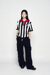 25SS COLLAR POINT STRIPE SHORT SLEEVE KNIT BLACK