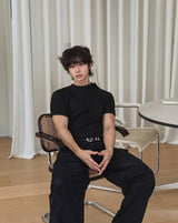 スロウリーボタンマッスルフィットリブドショートスリーブTシャツ
