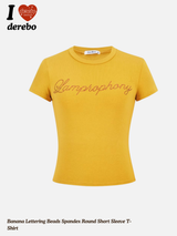 バナナレタリングビーズスパンデックスラウンドネックTシャツ