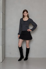 STRIPE RIBBON SHIRRING T-SHIRT