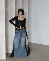 denim coloring belt SET maxi long skirt