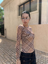 スパイチェッカードVネックナッピングロングスリーブTシャツ