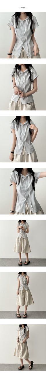 Shirin stripe side string short sleeve hooded blouse cardigan