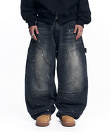 Curved Double Knee Denim Pants - Black
