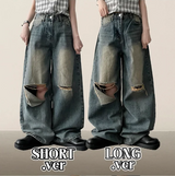 Andy Knee Damage Cutting Deep Washed Denim Wide Pants