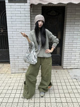 カーキ カーゴ ワイドレッグ ストレート パンツ